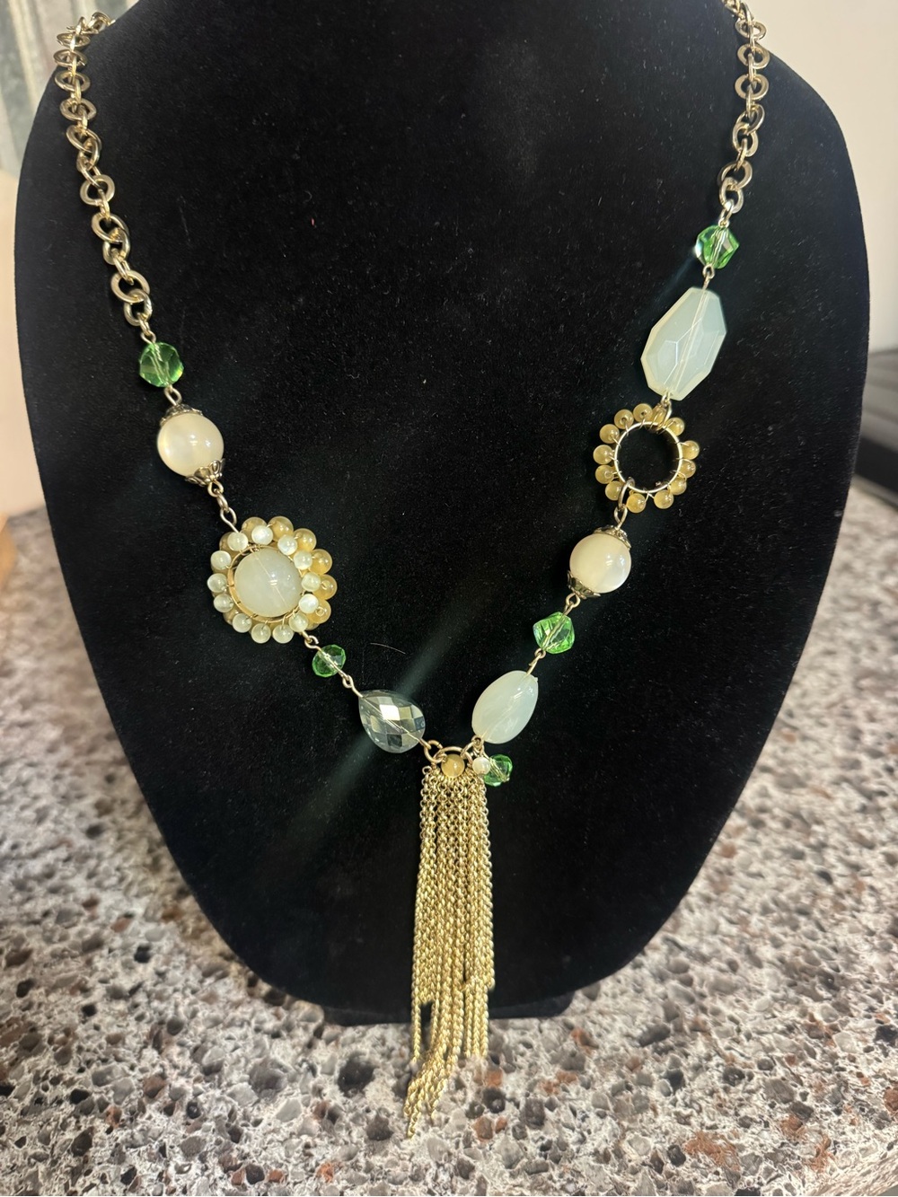 Gold Tassel Necklace with Green and Cream Beads - Women Jewelry